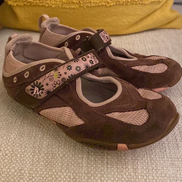 Merrell Brown Suede and Blush Pink Floral Velcro Aqua Lined Girls Size 1 - Picture 12 of 14